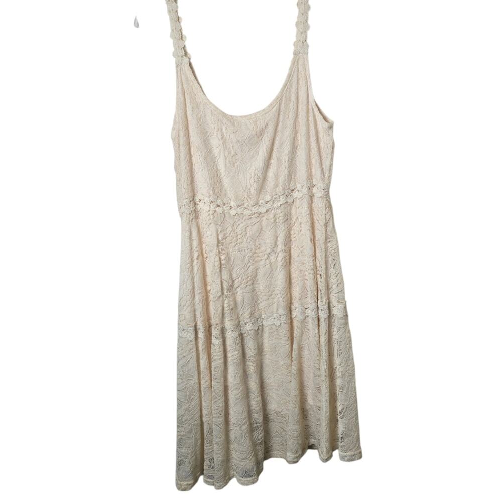 A'reve Cream Crochet Lace Bohemian Cottagecore Peasant Tiered Dress Fairy Core L - Picture 3 of 16